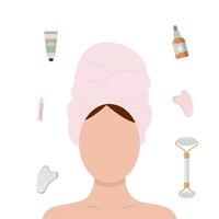 conceito do facial massagem e pele Cuidado. mulher fazendo Cosmético spa tratamentos para a face com uma conjunto do cosméticos. manhã rotina vetor