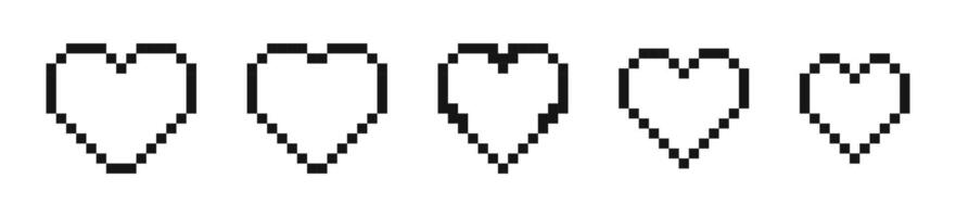 pixel arte coração. arte 8 mordeu saúde coração bar. pixel coração ícone definir. pixel jogos vida bar. vetor