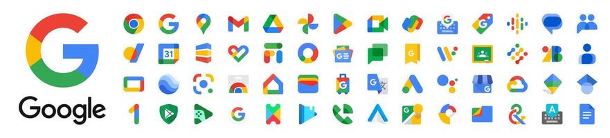 Google produtos ícones. oficial inscrição ícone Google. Google produtos. Google ícones. rivne, Ucrânia - dezembro 13, 2024 vetor
