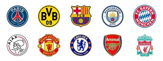 uefa campeões liga equipe logotipo definir. psg, real madri, barcelona, chelsea, Manchester cidade, Juventus, Manchester unido. vetor