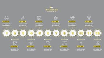 cores amarelas e cinza para infográfico de linha do tempo com ícones de linha fina. vetor