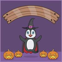 animal bonito pinguim vestindo vampiro halloween custome, com banner de espaço em branco, abóboras e posição de vôo. vetor