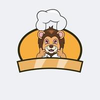 Chef de leão bonito e tema culinário. mascote, personagem, logotipo, rótulo e ícone. vetor