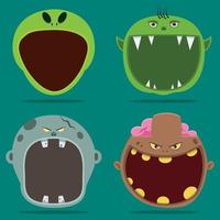 cabeça de quatro personagens de halloween e boca aberta. alien, goblin, zumbi cinza e personagem de zumbi marrom. vetor