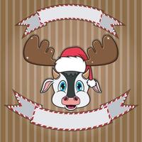 cabeça de vaca bonita com chapéu de Natal. etiqueta e banner em branco. personagem, mascote e ícone. vetor