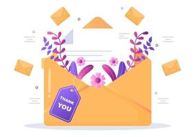 e-mail obrigado banner ilustração plana com envelope cartão e texto obrigado vetor fundo