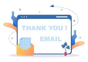 e-mail obrigado banner ilustração plana com envelope cartão e texto obrigado vetor fundo