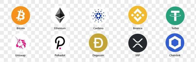 Conjunto de logotipo de criptomoeda. conjunto de ícones de criptomoeda. bitcoin, ethereum, cardano, binance, tether, uniswap, polkadot, dogecoin, xrp, chainlink. ilustrações vetoriais.