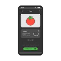 modelo de vetor de interface de aplicativo de supermercado. layout de design preto da interface do aplicativo móvel. compra de alimentos no smartphone. compras online. armazenar categoria de vegetais. flat ui. display do telefone com pedido de tomate