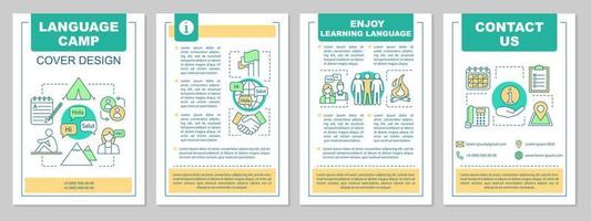 modelo de folheto de acampamento de idioma internacional. folheto, livreto, design de impressão de folheto com ícones lineares. aprendizagem de línguas estrangeiras. layouts de página de vetor para revistas, relatórios anuais, pôsteres de publicidade