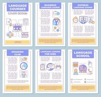 modelo de folheto de escola de língua estrangeira. folheto, livreto, design de impressão de folheto. aprendizagem de línguas para crianças e adultos. clube de fala, gramática. layouts de página de vetor para revistas, relatórios, pôsteres