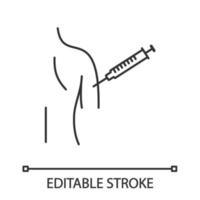ícone linear de vacinação. ilustração de linha fina. Vacina da gripe. poliomielite, vacina contra sarampo. injeção no braço das mulheres. procedimento de vacina antitetânica. símbolo de contorno. desenho de contorno isolado do vetor. curso editável vetor