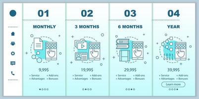 armazenamento de dados online onboarding telas de aplicativos móveis com preços de serviço. passo a passo modelos de páginas de site. serviço de hospedagem de arquivos. etapas dos planos tarifários. layout de página da web de pagamento de smartphone vetor