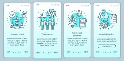 modelo de vetor de tela de página de aplicativo móvel integração de ética nos negócios. sindicato, propriedade intelectual. passo a passo do site com ilustrações lineares. conceito de interface de smartphone ux, ui, gui