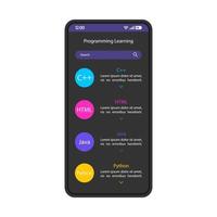 programação aprendizagem modelo de vetor de interface de smartphone. layout de design em preto da página do aplicativo móvel. desenvolvimento de software, tela de cursos online de linguagem de programação. interface do usuário plana para aplicação. display do telefone