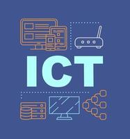 bandeira de conceitos de palavra azul ict. apresentação, site. tecnologia da informação e comunicação, tecnologia da inovação. isolado rotulação ideia de tipografia com ícones lineares. ilustração de contorno vetorial vetor