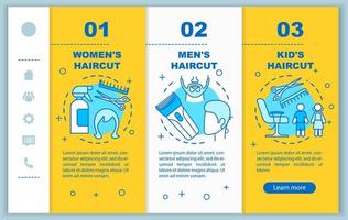 serviços de salão de cabeleireiro modelo de vetor de integração de páginas da web móvel. ideia de interface de site de smartphone responsivo com ilustrações lineares. telas de passo a passo da página da web. conceito de cor