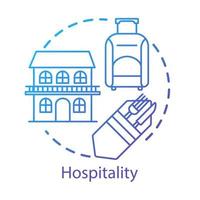 ícone do conceito de hospitalidade. indústria de hospedagem. restaurante e serviço de hotelaria. alojamento para viajantes. ilustração de linha fina da ideia do setor turístico. desenho de contorno isolado do vetor. curso editável vetor