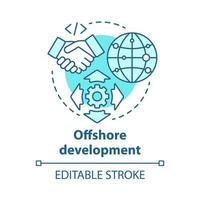 Ícone do conceito de desenvolvimento offshore. recrutamento de freelancers de todo o mundo. ilustração de linha fina de ideia de empresa de negócios de TI internacional. desenho de contorno isolado do vetor. curso editável vetor