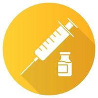 vacinação ícone de glifo sombra longa design plano amarelo. injeção médica. seringa contraceptiva. procedimento de precaução sti. sexo seguro. cuidados de saúde. frasco farmacêutico. ilustração da silhueta do vetor