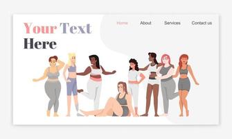 modelos de vetor de página de aterrissagem positiva do corpo. mulheres vestidas com a ideia de interface de site de roupas esportivas com ilustrações planas. layout da página inicial do estilo de vida saudável. banner da web do feminismo, conceito de desenho de página da web