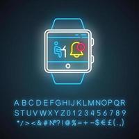 ícone de luz de néon de função de smartwatch de notificações. sincronização com laptop, computador e outros dispositivos. sinal brilhante com alfabeto, números e símbolos. ilustração isolada do vetor