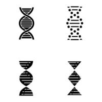 Conjunto de ícones de glifo de vertentes de espiral de DNA. desoxirribonucléico, hélice de ácido nucléico. fios em espiral. cromossoma. biologia molecular. Código genético. genética. símbolos de silhueta. ilustração isolada do vetor