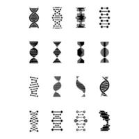 conjunto de ícones de glifo de hélice de DNA. desoxirribonucléico, estrutura de ácido nucléico. fios em espiral. cromossoma. biologia molecular. Código genético. genoma. genética. símbolos de silhueta. ilustração isolada do vetor