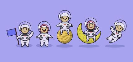 conjunto de criança muçulmana fofa com fantasia de astronauta vetor