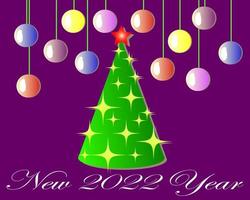 ilustração de ano novo, árvore volumétrica brilhante, bolas e letras, novo ano 2022, cartão postal, pôster, banner