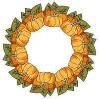uma coroa de flores de um conjunto simetricamente arranjado de abóboras laranja e ramos de folhas verdes, uma mandala de vegetais vetor