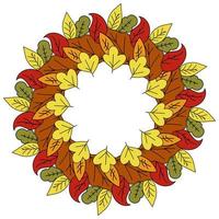 coroa de folhas de doodle de outono com árvores de vários tipos, moldura redonda de conjunto de folhas coloridas vetor