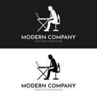 homem senta dentro cadeira voltado para computador portátil para trabalho sites logotipo trabalhos a partir de em toda parte remotamente vetor