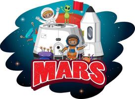 Projeto do logotipo da palavra de Marte com crianças e alienígenas astronautas vetor