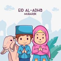 eid al adha cumprimento cartão. desenho animado muçulmano família a comemorar eid al adha com cabras, estrelas e mesquita Como fundo vetor