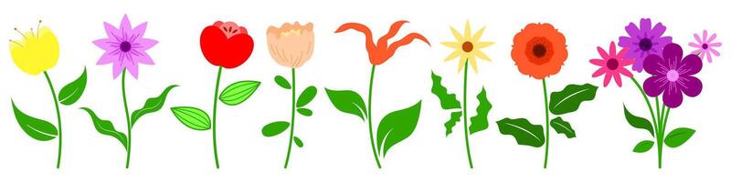 abstrato floral conjunto em uma branco fundo. coleção do multicolorido flores com pétalas, hastes, folhas, e floral buquês. botânico elementos para Primavera arte. vetor