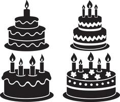 conjunto do Preto silhuetas do aniversário bolos com velas. ilustração vetor