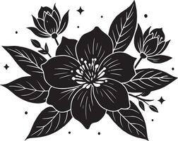 Preto e branco ilustração do uma ramalhete do flores com folhas. vetor