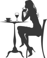 silhueta mulher sentado às uma mesa dentro a cafeteria Barra restaurante Preto cor só vetor