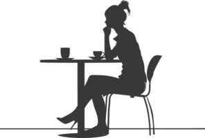 silhueta mulher sentado às uma mesa dentro a cafeteria Barra restaurante Preto cor só vetor