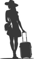 silhueta mulher viajando com mala de viagem Preto cor só vetor