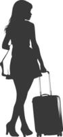 silhueta mulher viajando com mala de viagem Preto cor só vetor