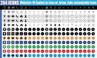 sites, ui contato nos ícone definir, seta, ligações Customizável ícones. sites contato nos ícone conjunto 264 peças Customizável ícones. conjunto do ícones. conjunto do botões. vetor