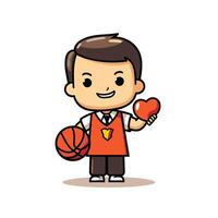 Garoto segurando coração e basquetebol - desenho animado ilustração vetor