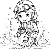 coloração livro para crianças mergulhador menina dentro a mar. ilustração vetor