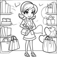 coloração livro para crianças menina com compras bolsas dentro a loja vetor
