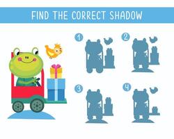 encontrar a certo sombra. enigma jogos para crianças. fofa animal em branco fundo. transporte e animais. ilustração. vetor