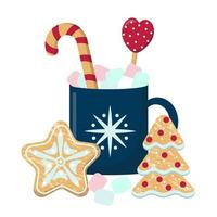 cartão aconchegante de ano novo com uma xícara de marshmallows e pão de gengibre vetor