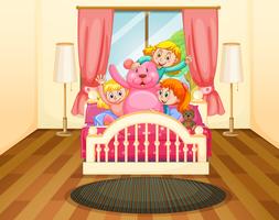 Três meninas, em, quarto, com, cor-de-rosa, teddybear vetor