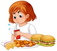 Garota gorda comendo fast-food vetor